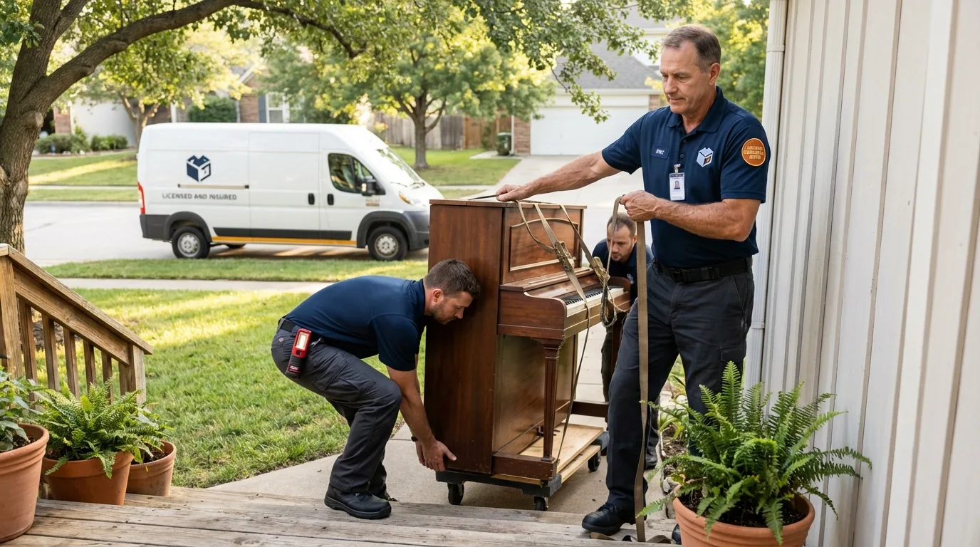 Licensed piano movers securing grand piano in Rohnert Park, CA